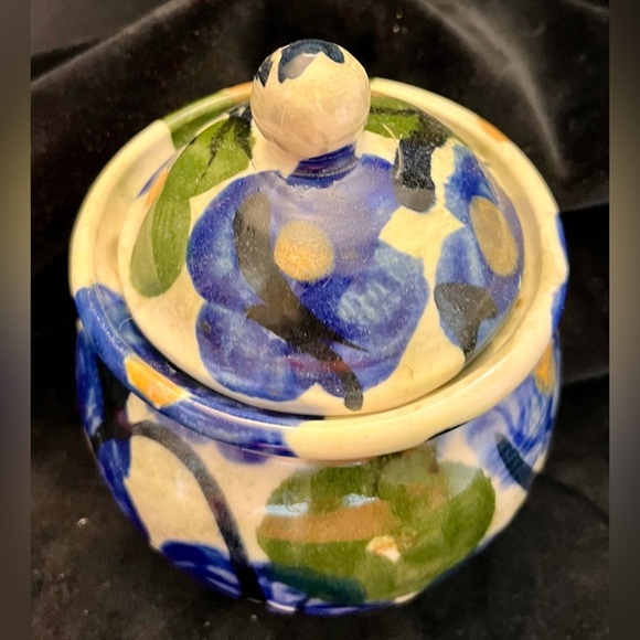 Pottery Hand Painted Sugar Bowl Honey Pot Signed Eden Cottagecore Pansy Floral - Picture 8 of 12